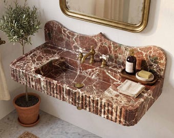 Rosso Levanto Marble Sink with Backsplash, Fluted Bathroom Vanity Sink, Hand Carved Stone Basin, Custom Marble Basin, Luxury Vanity Sink