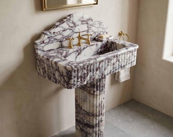 Custom Hand Carved Marble Pedestal Sink, Calacatta Viola Fluted Vanity Sink, Luxury Bathroom Basin