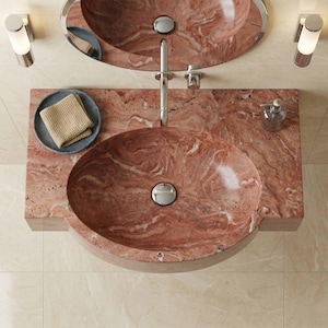 Red Marble Oval Sink, Hand Carved Floating Vanity Sink, Sculptural Stone Basin, Luxury Bathroom Marble Washbasin, Custom Integrated Sink