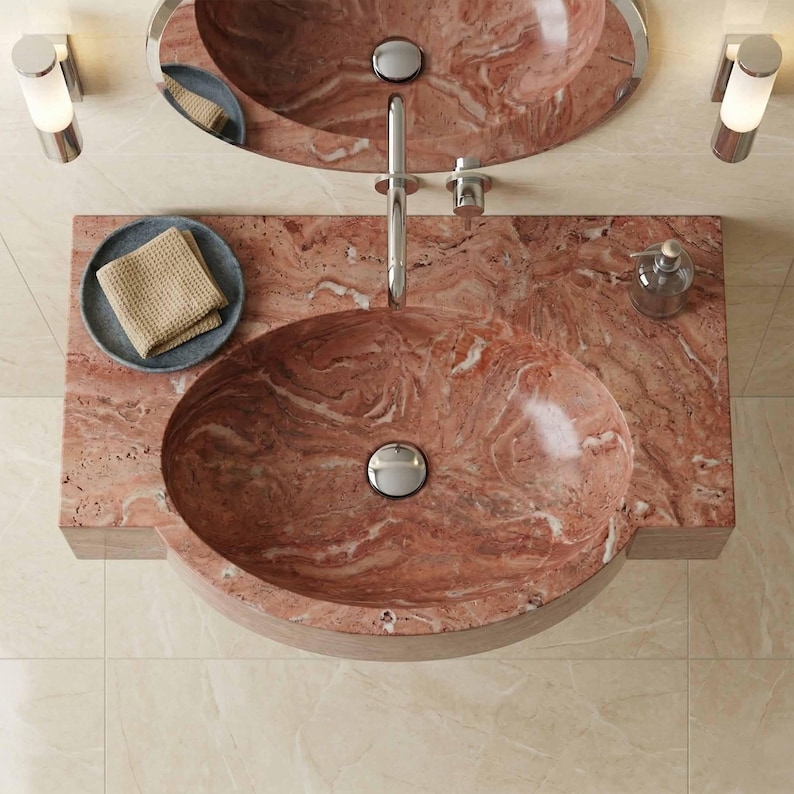 Red Marble Oval Sink, Hand Carved Floating Vanity Sink, Sculptural Stone Basin, Luxury Bathroom Marble Washbasin, Custom Integrated Sink