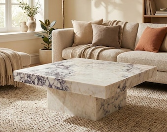 Calacatta Viola Marble Coffee Table, Sculptural Stone Pedestal Table