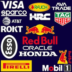Może przedstawiać: Granatowy grafika z różnymi logo i nazwami marek, w tym "VISA", "Sparco", "AT&T", "ROKT", "Esso", "Red Bull", "Oracle", "Honda", "Pirelli" i "Mobil 1". Loga są w kolorach białym, czerwonym, żółtym i zielonym.