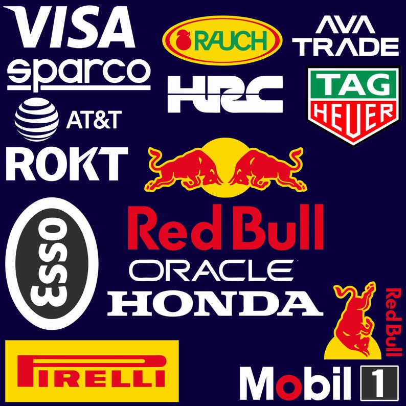 Puede incluir: Un gr&aacute;fico azul marino con varios logotipos y nombres de marcas, incluyendo "VISA", "Sparco", "AT&T", "ROKT", "Esso", "Red Bull", "Oracle", "Honda", "Pirelli" y "Mobil 1". Los logotipos son en blanco, rojo, amarillo y verde.