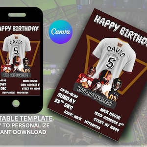 Puede incluir: Una invitación de cumpleaños con un diseño de camiseta de fútbol que muestra "David" y el número "5". La invitación incluye "Happy Birthday", detalles del evento y la frase "You are invited!"