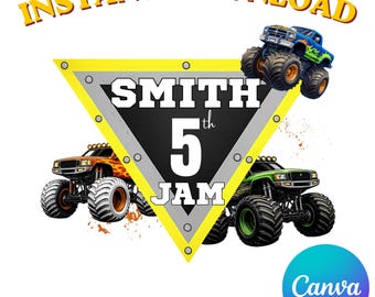 Logotipo personalizado de Monster Truck para cumpleaños, plantilla editable de Canva (descarga digital)