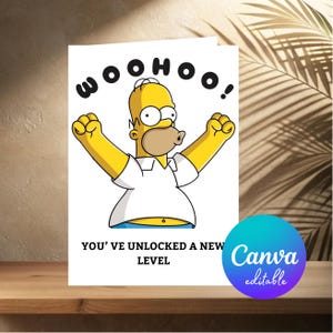 May include: A white greeting card with a cartoon character in a white shirt, yellow skin, and raised arms. The word "WOOHOO!" is above the character, and the text "YOU'VE UNLOCKED A NEW LEVEL" is below. A Canva logo is in the bottom right corner.