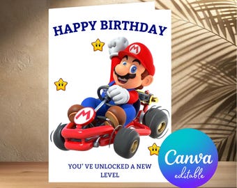 Tarjeta de cumpleaños de Mario: Imprimible para subir de nivel como jugador, editable en Canva.