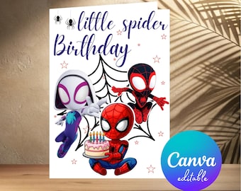 Tarjeta de cumpleaños de arañita, personalizada para el tercer cumpleaños, Spidey Friends, (descarga digital)