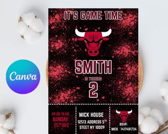 Invitación de cumpleaños de los Chicago Bulls, plantilla editable de Canva (descarga digital)