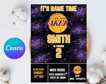 Invitación de cumpleaños de Los Ángeles Lakers, invitación para fiesta de baloncesto, plantilla editable de Canva (descarga digital)