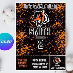 Op de afbeelding: Zwarte en oranje verjaardagsuitnodiging met een tijgerlogo en de tekst "IT'S GAME TIME". De uitnodiging bevat de naam "SMITH", het nummer "2" en evenementdetails. Het Canva-logo is zichtbaar.