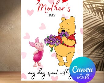 Winnie the Pooh Mother's Day Card, Bear Flowers (Digital Download)