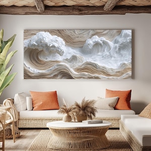 Impresión en lienzo con textura de olas / Arte mural costero beige en primer plano