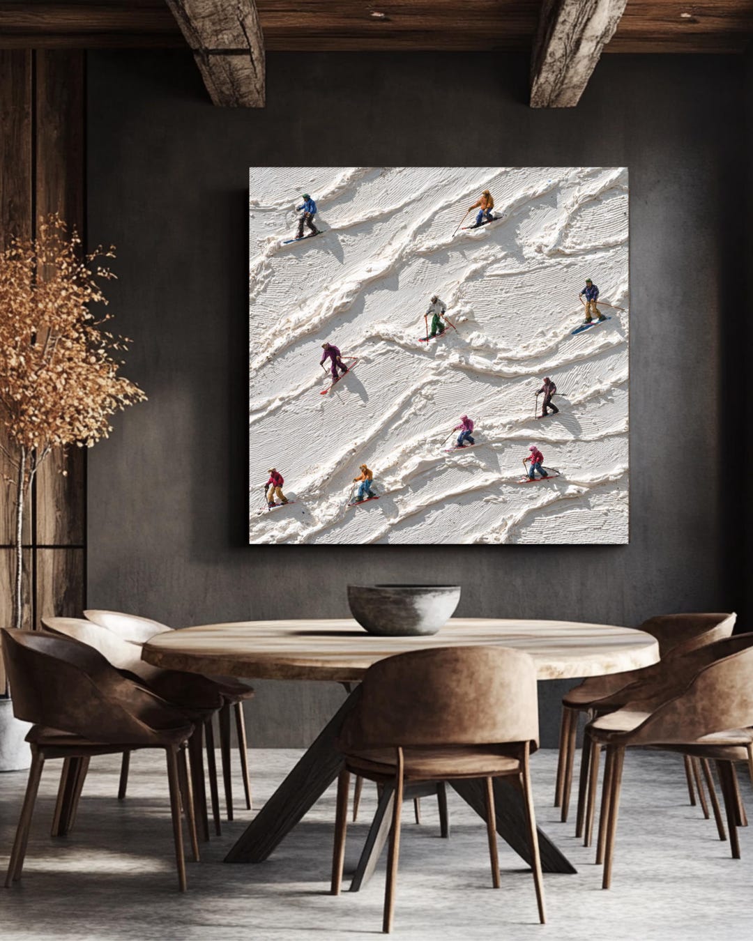 Miniature Ski Slope Wall Art | Skiers on White Plaster Inspired Canvas ...