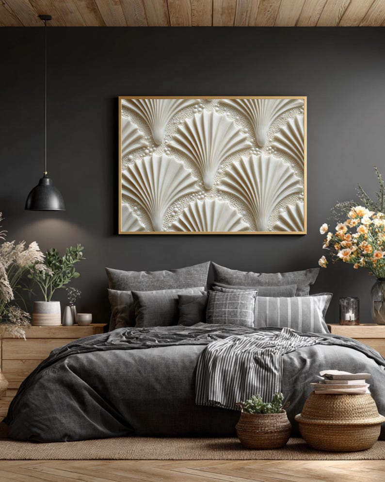 Shell Pattern Plaster Inspired Wall Art, 3D Scallop Texture Canvas ...