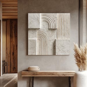 Combed Arc Plaster Inspired Art, Geometric Block Decor, Neutral Architectural Relief Canvas Print