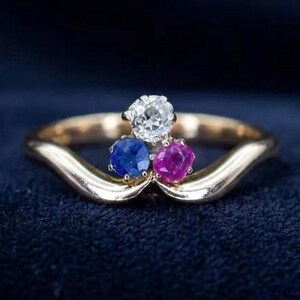 Vintage Three Stone Birthstone Ring, 14k Gold Diamond Sapphire Ruby Cluster Ring