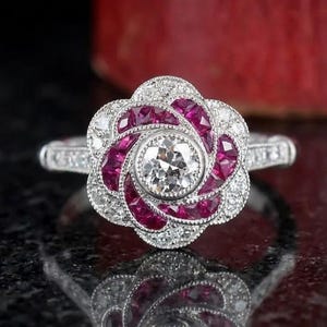 Vintage Art Deco Rubin Blume Verlobungsring, 14k Weißgold Diamant Floral Zielring