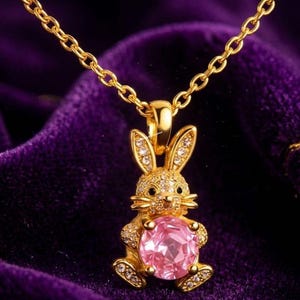 Könnte beinhalten: Goldfarbene Hasen-Anhänger-Halskette mit einem rosa Edelstein. Der Hase ist mit kleinen, klaren Kristallen besetzt. Die Halskette ist ebenfalls goldfarben und hängt vor einem violetten Samthintergrund. Ein bezauberndes Schmuckstück.