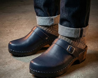 Men's Suede Wooden Clogs | Handmade Buckle Clogs | Slip-On Leather Mules | Comfortable Everyday Footwear