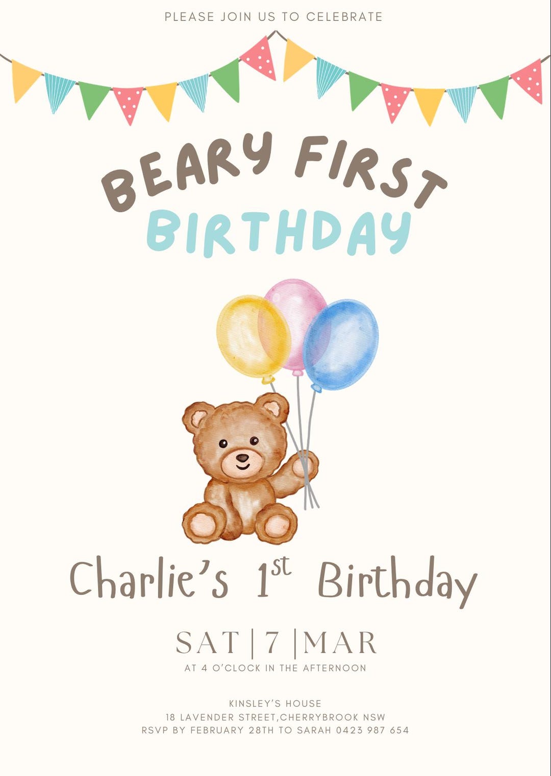 Editable Beary First Birthday Invitation | Teddy Bear 1st Birthday ...