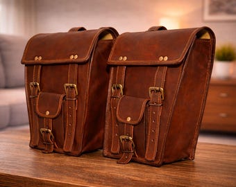 Leather Motorcycle Saddlebags Pair, Vintage Bike Side Bags Set of 2, Handmade Leather Pannier, Bicycle Rear Rack Bag, Cruiser Storage Bag