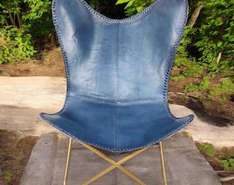 Blue Leather Butterfly Chair – Handmade Accent Lounge Chair, Mid Century Modern Seating, Gold Frame Chair, Boho Living Room Furniture
