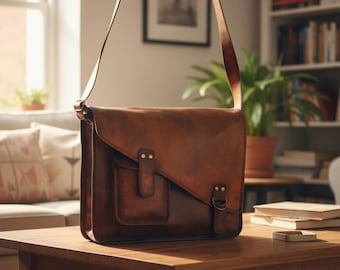Può includere: Una borsa a tracolla in pelle marrone con chiusura a patta e tracolla regolabile. La borsa ha una tasca frontale e finiture in ottone. La borsa è su un tavolo di legno.