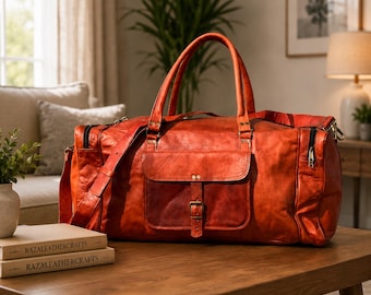 Leather Duffle Bag for Men, Personalized Weekender Bag, Handmade Travel Duffel, 20 Inch 24 Inch Overnight Bag, Carry On Luggage Gift for Him