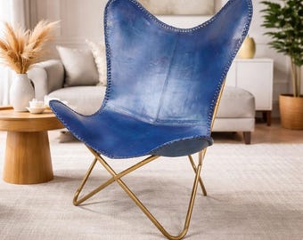 Blue Leather Butterfly Chair – Handmade Accent Lounge Chair, Mid Century Modern Seating, Gold Frame Chair, Boho Living Room Furniture