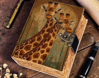 Giraffe Leather Journal, Safari Animal Notebook, Lockable Vintage Diary, Handmade Writing Journal, Wildlife Lover Gift
