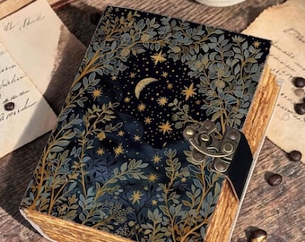 Celestial Botanical Journal Leather Notebook, Moon Night Sky Diary, Floral Aesthetic Sketchbook, Boho Nature Journal Gift