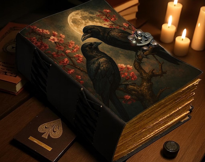 Featured listing image: Raven Couple Leather Journal Blank Spell Book of Shadows Grimoire Gothic with Full Moon & Cherry Blossoms Witchcraft Vintage Lock Journal