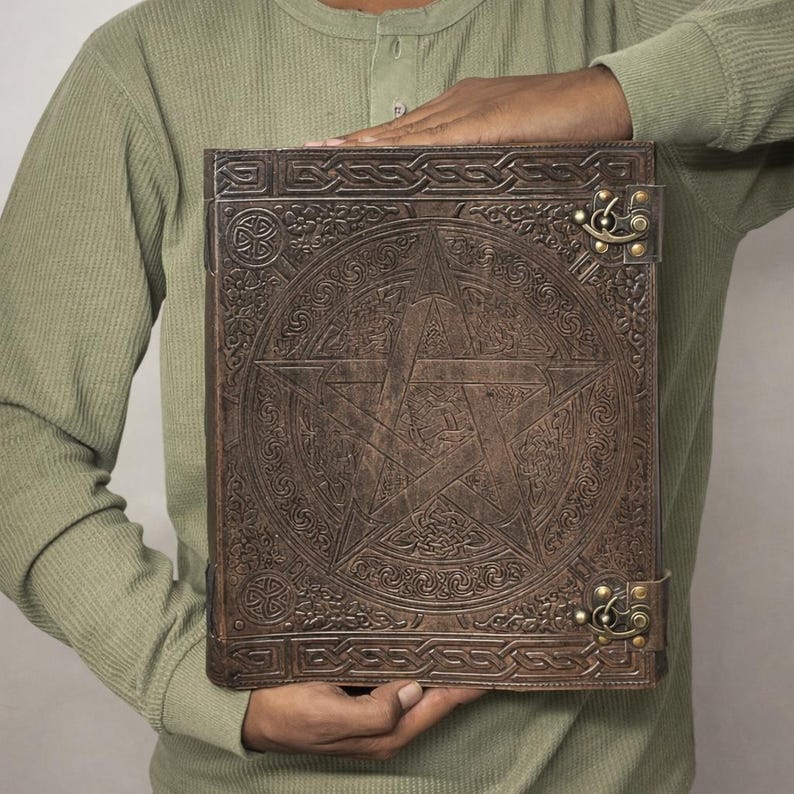 grimoire journal, spell book, book of shadows, pentagram journal, leather grimoire, gothic journal, witchcraft book, antique journal, large leather book, embossed leather, magic notebook, pagan journal, witch gift