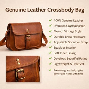 Pu&ograve; includere: Una borsa a tracolla in pelle marrone con chiusura a patta e tracolla regolabile. La borsa presenta finiture in ottone e uno stile vintage. L'immagine mostra anche un primo piano dei dettagli della borsa.