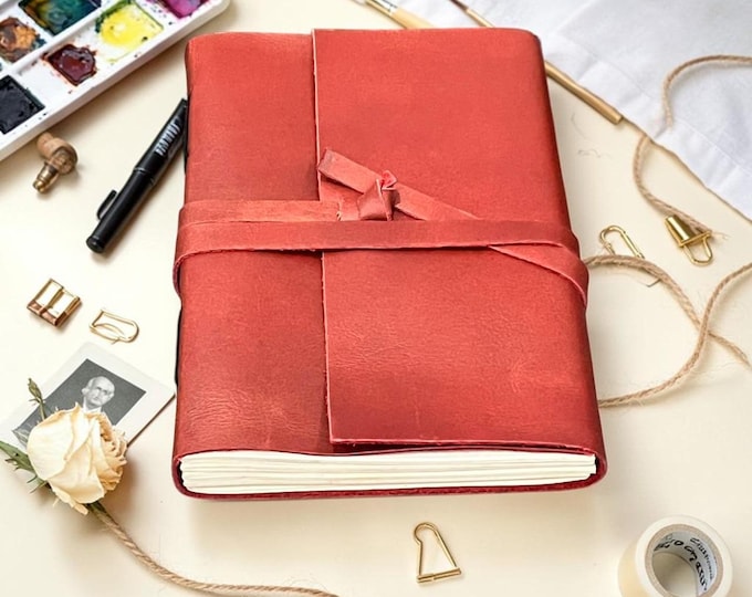 Featured listing image: Red Leather Journal, Handmade Leather Diary, Vintage Writing Notebook, Deckle Edge Journal, Travel Sketchbook, Gift for Writer