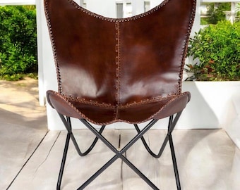 Leather Butterfly Chair, Brown Leather Accent Chair, Mid Century Modern Lounge Chair Handmade Leather Sling Chair Boho Living Room Furniture
