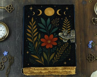 Cuaderno de cuero floral, cuaderno Luna Celestial, diario botánico bohemio, diario de estética vintage, diario de naturaleza hecho a mano, regalo para ella.