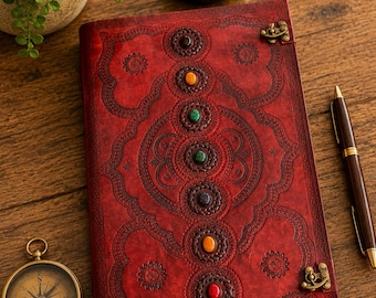 7 Chakra Leather Journal 14x20 cm, Handmade Embossed Notebook, Lockable Spiritual Diary, 200 400 600 Page Journal, Meditation Gift