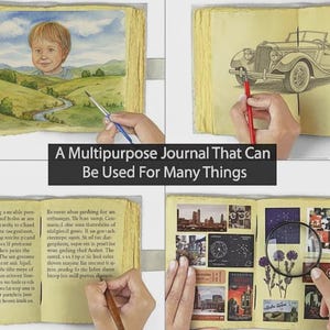 Puede incluir: Un diario multiusos con varias p&aacute;ginas, incluyendo una pintura a la acuarela de un ni&ntilde;o, un boceto a l&aacute;piz de un coche antiguo y collages. El texto del diario dice: "Un diario multiusos que se puede utilizar para muchas cosas."