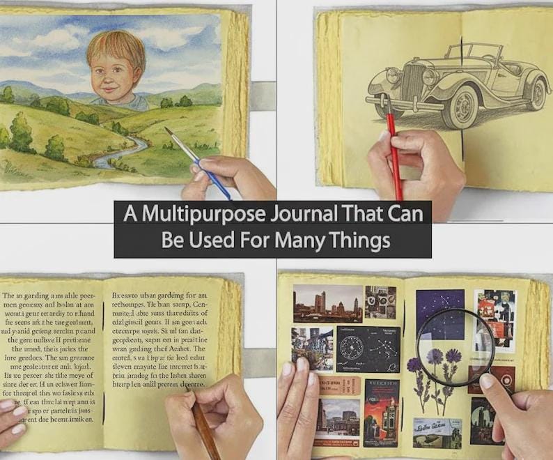Puede incluir: Un diario multiusos con varias p&aacute;ginas, incluyendo una pintura a la acuarela de un ni&ntilde;o, un boceto a l&aacute;piz de un coche antiguo y collages. El texto del diario dice: "Un diario multiusos que se puede utilizar para muchas cosas."
