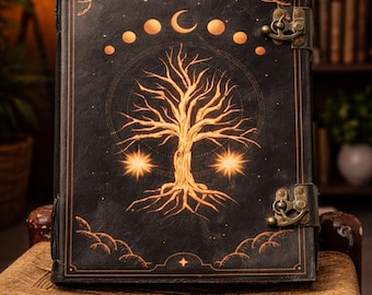 Cuaderno de cuero con diseño del Árbol de la Vida, hecho a mano, estilo vintage, diario de fases lunares, grimorio de brujería, libro de hechizos, regalo espiritual.