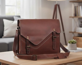 Leather Messenger Bag Brown Handmade Laptop Bag, Vintage Crossbody Satchel, Office Work Bag for Men Women Gift