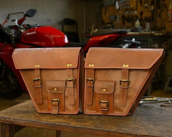 Leather Motorcycle Saddle Bags Set Brown Handmade Bike Panniers, Angled Harley Saddlebag, Vintage Rider Storage Bags Gift