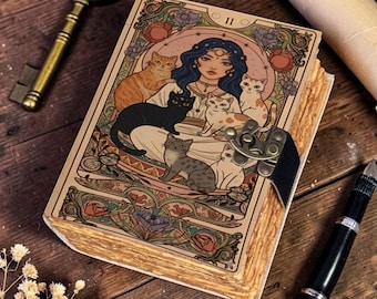 Cat Goddess Journal, Handmade Lockable Notebook, Witchy Cat Diary, Vintage Writing Journal, Pagan Book of Shadows, Cat Lover Gift