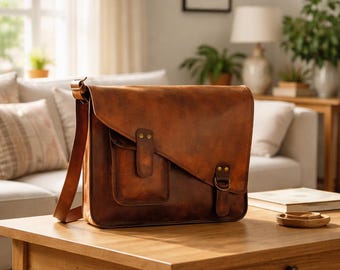 Handmade Leather Messenger Bag Vintage Laptop Satchel Briefcase, Rustic Brown Shoulder Bag, Crossbody Work Bag for Men & Women, Gift for Him
