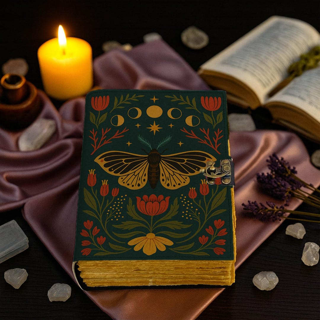 Moth Celestial Leather Journal With Lock – Moon Phase Notebook ...