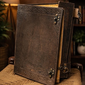 grimoire journal, spell book, book of shadows, pentagram journal, leather grimoire, gothic journal, witchcraft book, antique journal, large leather book, embossed leather, magic notebook, pagan journal, witch gift