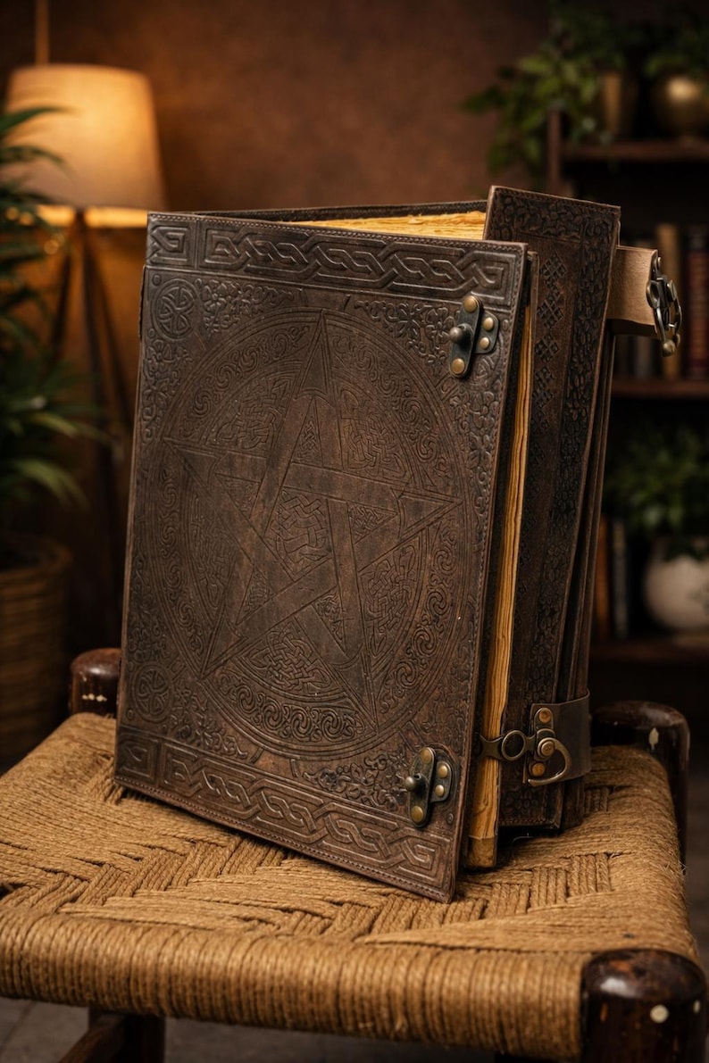 grimoire journal, spell book, book of shadows, pentagram journal, leather grimoire, gothic journal, witchcraft book, antique journal, large leather book, embossed leather, magic notebook, pagan journal, witch gift