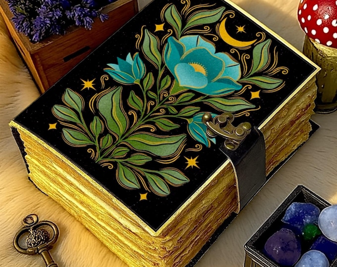 Featured listing image: Celestial Floral Leather Journal, Moon Botanical Notebook, Boho Night Sky Diary, Aesthetic Journal, Spiritual Writing Journal, Gift for Her